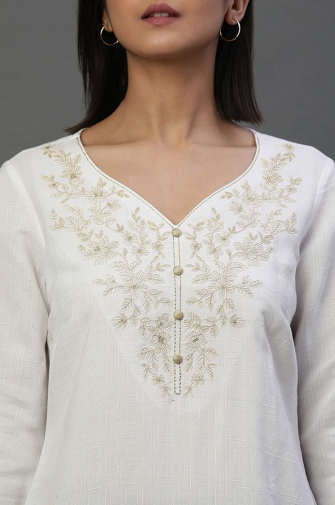 Off White Hl Cotton Emb Kurti with Computer Embroidery